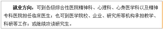 文本框: 就业方向：可到各级综合性医院精神科、心理科、心身医学科以及精神专科医院担任临床医生；也可到医中文无码
校、企业、研究所等机构承担教学、科研等工作；或继续攻读研究生。